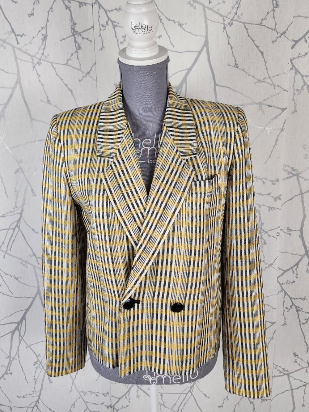 Kasper for ASL VTG Yellow Plaid Double Breasted Short Blazer